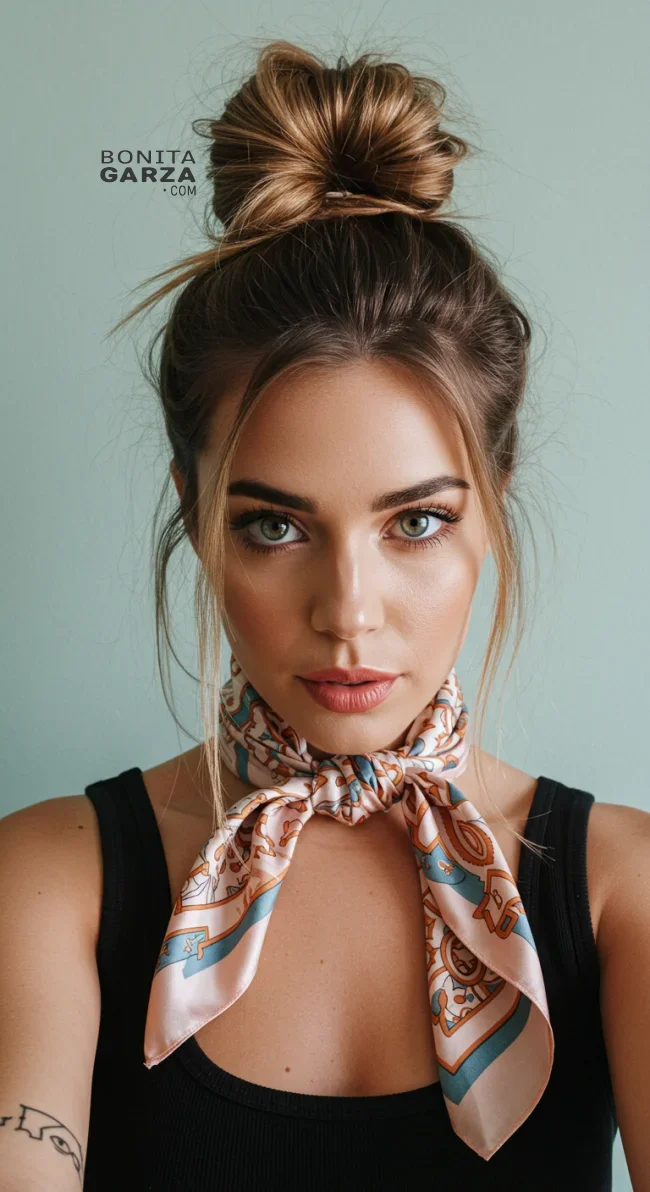 11. Messy Bun with a Scarf | Perfect Messy Bun Ideas In A Short Time - Hairstyle Trick