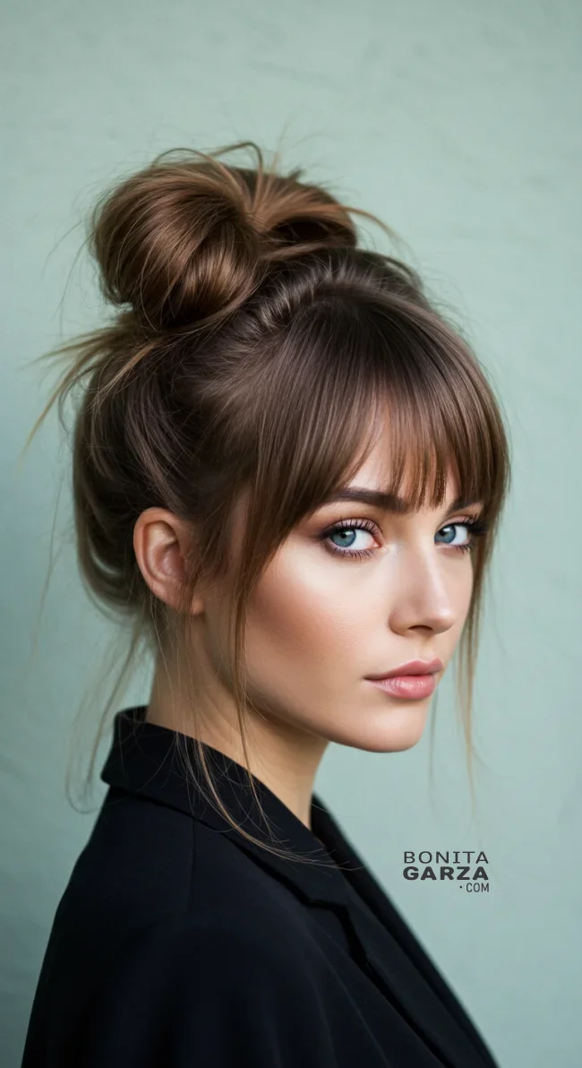 3. Messy Bun with Bangs | Perfect Messy Bun Ideas In A Short Time - Hairstyle Trick