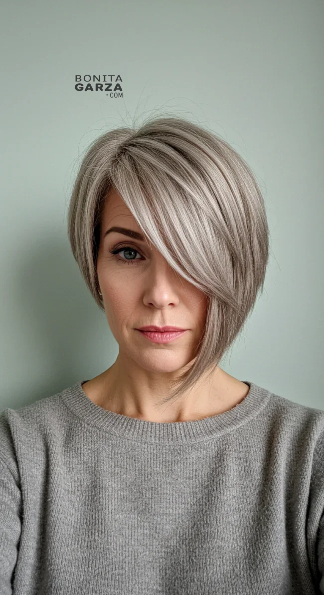 9. Modern Asymmetrical Bob with Side Bangs | 15 Chic Hairstyles With Bangs For Over 50