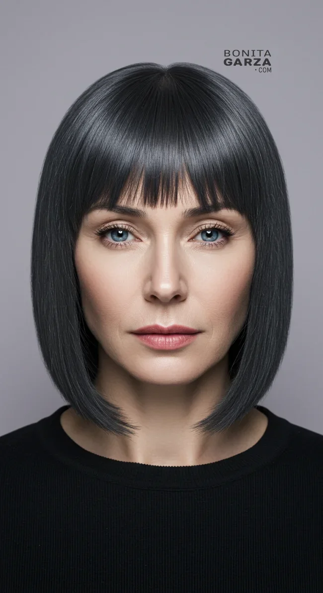 8. Sleek Straight Shoulder-Length with Angled Bangs | 15 Chic Hairstyles With Bangs For Over 50
