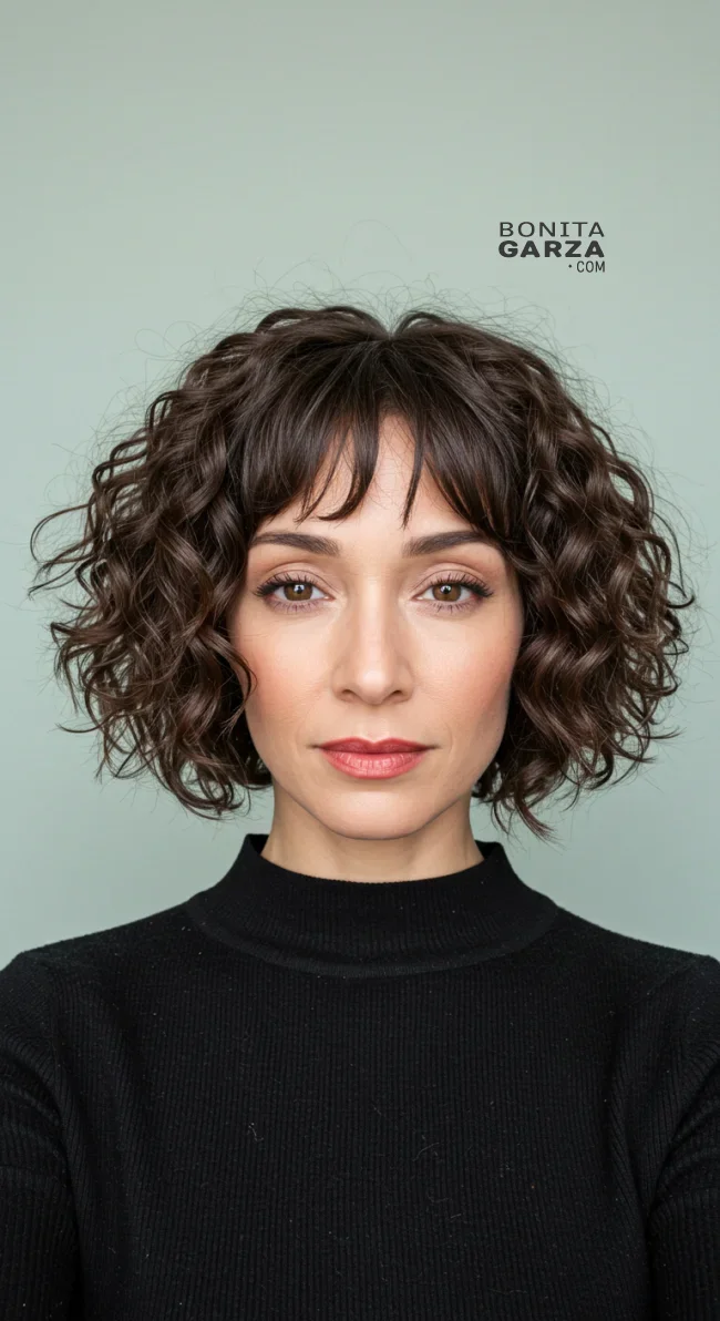 13. Curly Bob with Light Bangs | 15 Chic Hairstyles With Bangs For Over 50