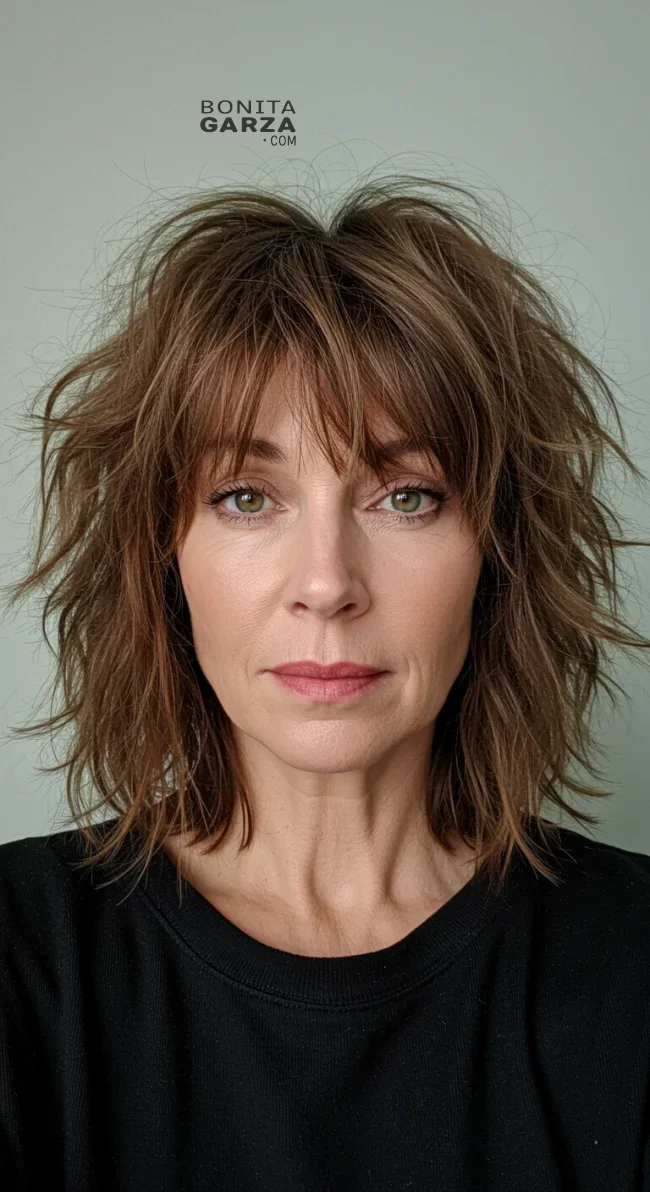 5. Shaggy Lob with Textured Bangs | 15 Chic Hairstyles With Bangs For Over 50