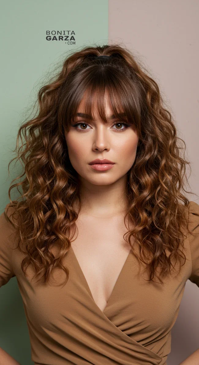 5. Curly Ponytail with Curtain Bangs | 15 Best Curly Hairstyles With Bangs For A Stunning Look!