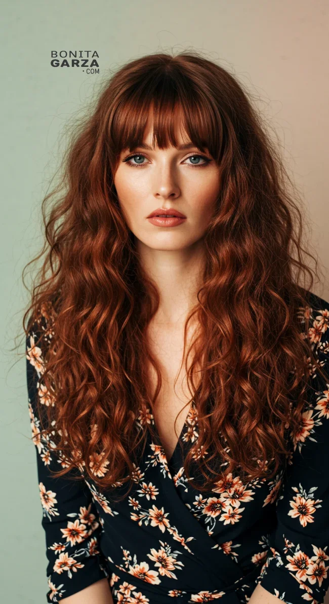 12. Long Curly Hair with Blunt Bangs | 15 Best Curly Hairstyles With Bangs For A Stunning Look!