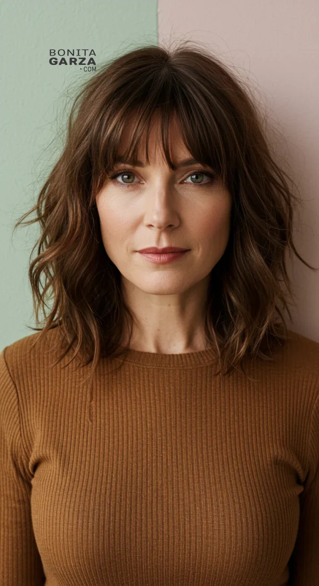 1. Wispy Bangs with Shoulder-Length Waves | Astonishing Photos That Inspire You For Getting Bangs Over 40