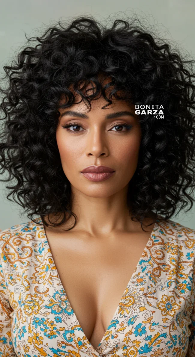 10. Soft Curly Bangs with Shoulder-Length Curls | Astonishing Photos That Inspire You For Getting Bangs Over 40