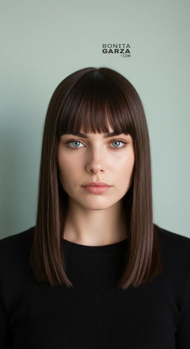 12. Straight with Center-Parted Bangs | 15 Low-Maintenance Medium-Length Hairstyles With Bangs