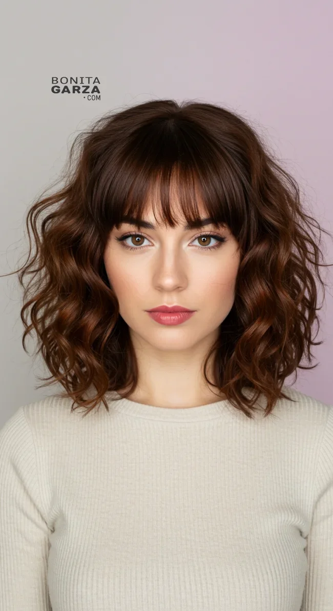 8. Curly Medium-Length with Defined Bangs | 15 Low-Maintenance Medium-Length Hairstyles With Bangs