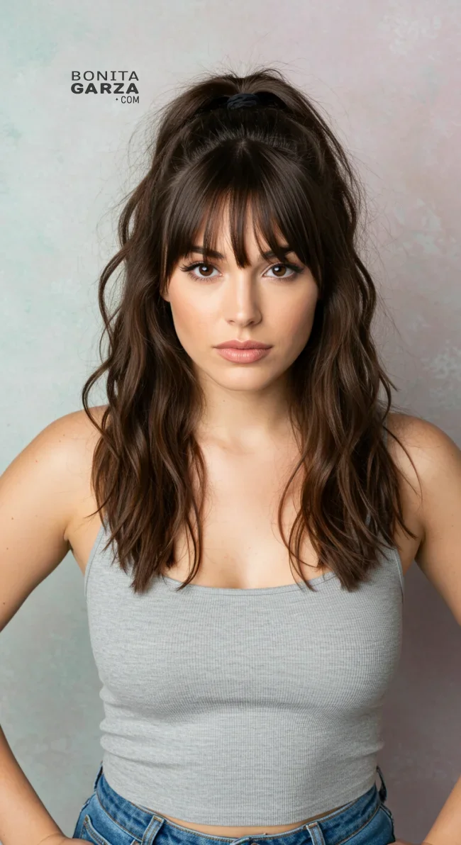 11. Half-Up, Half-Down with Blended Bangs | 15 Low-Maintenance Medium-Length Hairstyles With Bangs