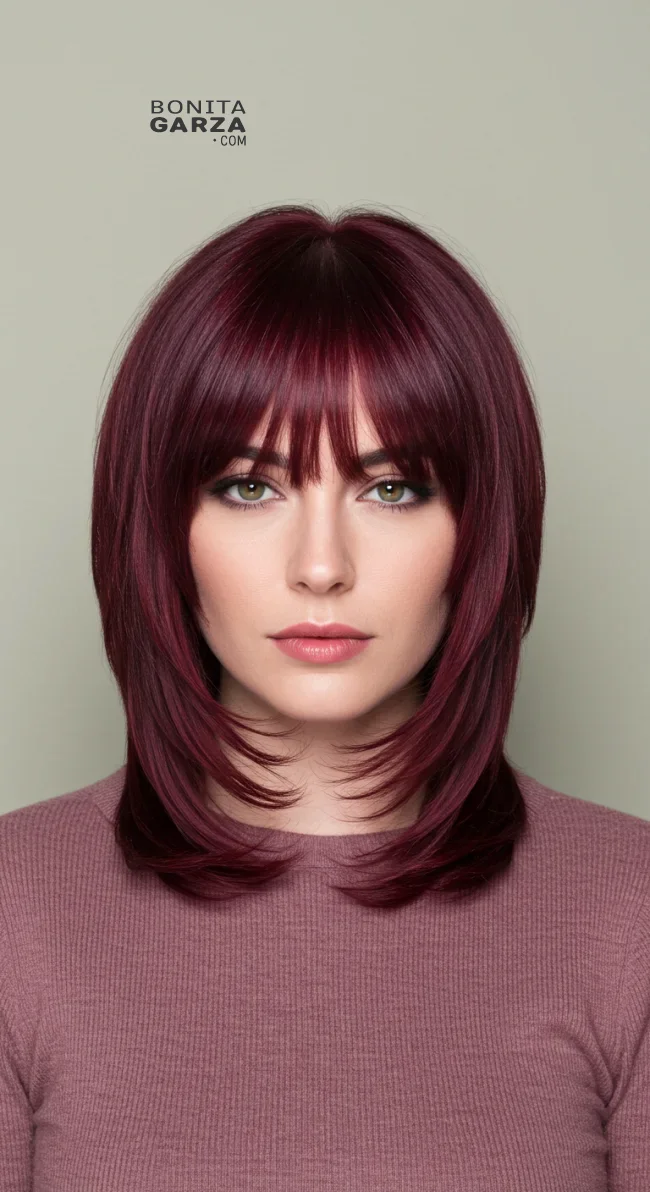 15. Elegant Layered Lob with Face-Framing Bangs | 15 Low-Maintenance Medium-Length Hairstyles With Bangs