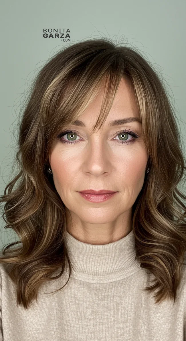 13. Side-Swept Bangs with Long Hair | 15 Best Haircuts For Women Over 60