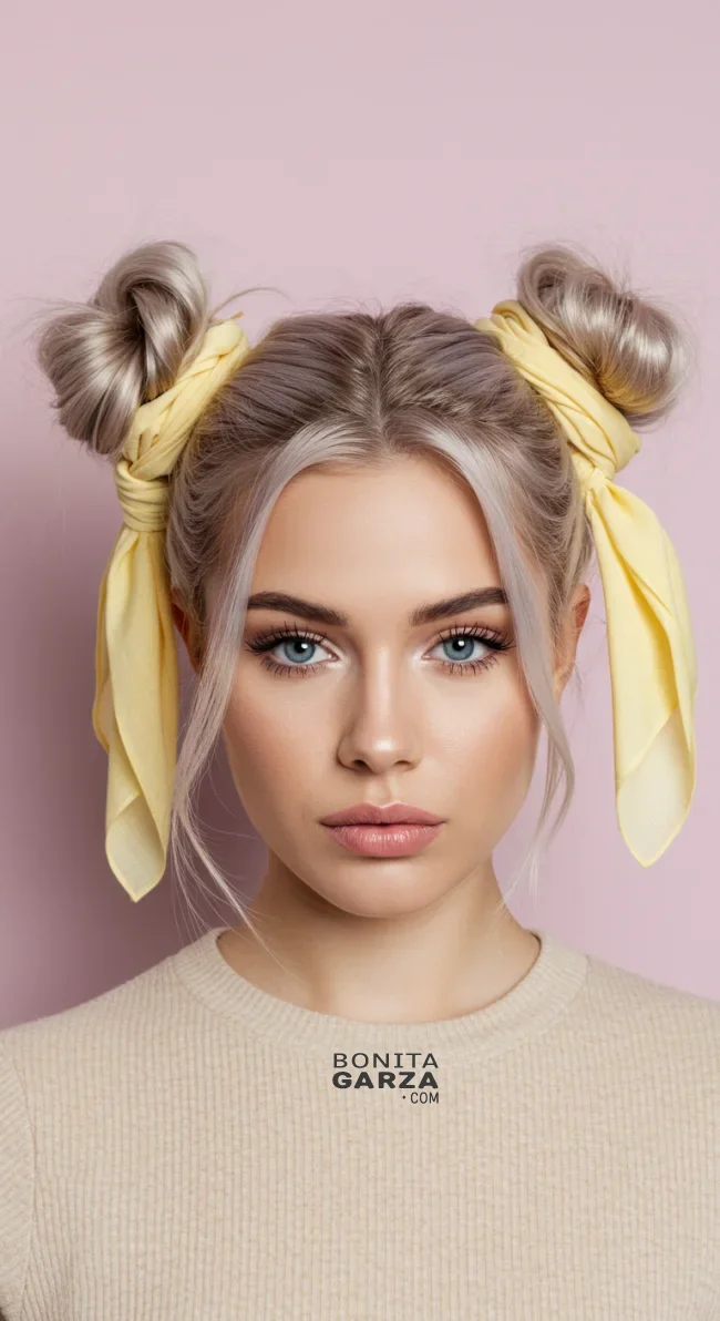 13. Double Buns with Scarf Wrap | 15 Hairstyle Ideas Using A Scarf - Chic And Trendy
