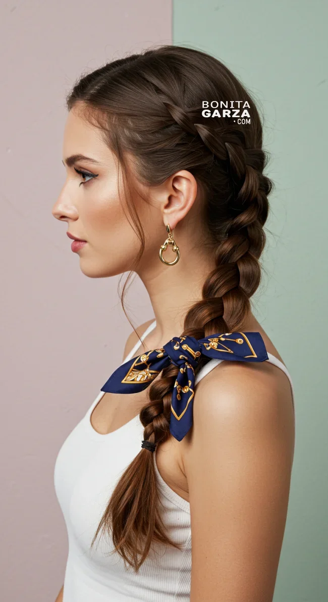 9. Side Braid with Scarf Accent | 15 Hairstyle Ideas Using A Scarf - Chic And Trendy
