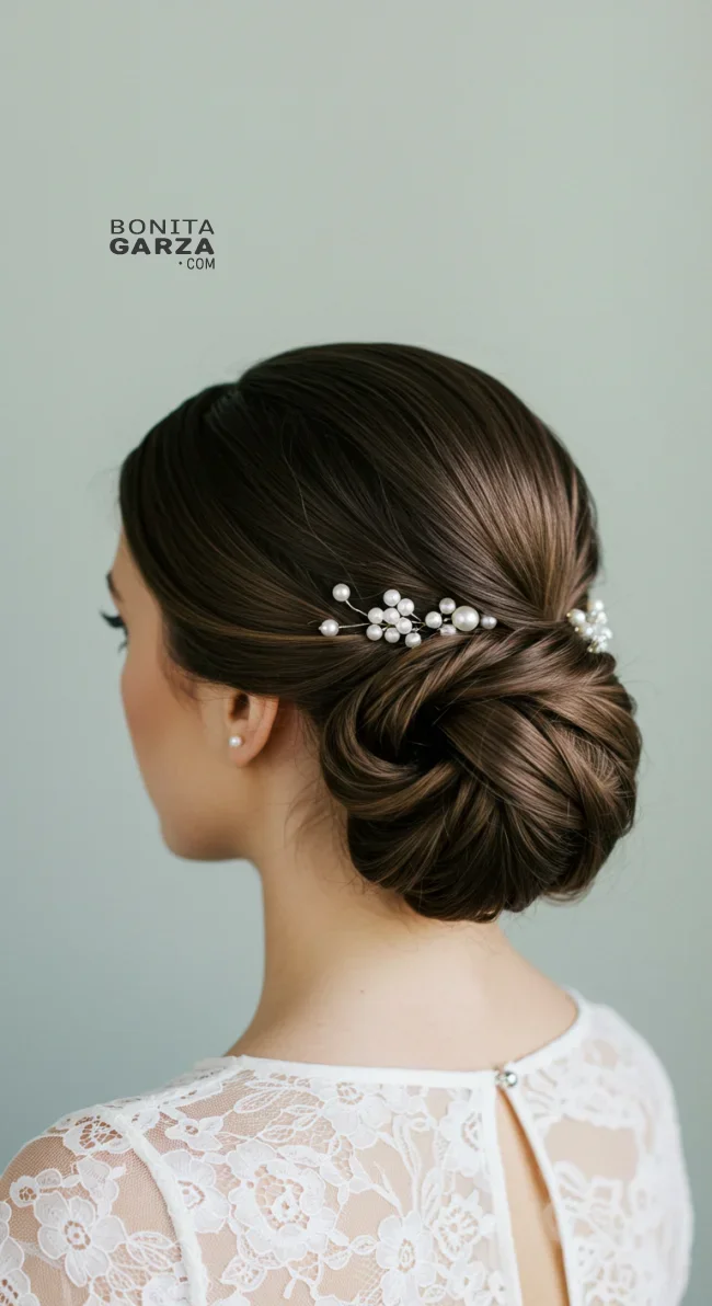 1. Classic Low Chignon with Pearl Accents | Elegant Wedding Updo Hairstyles Featuring Pearl Hairpins