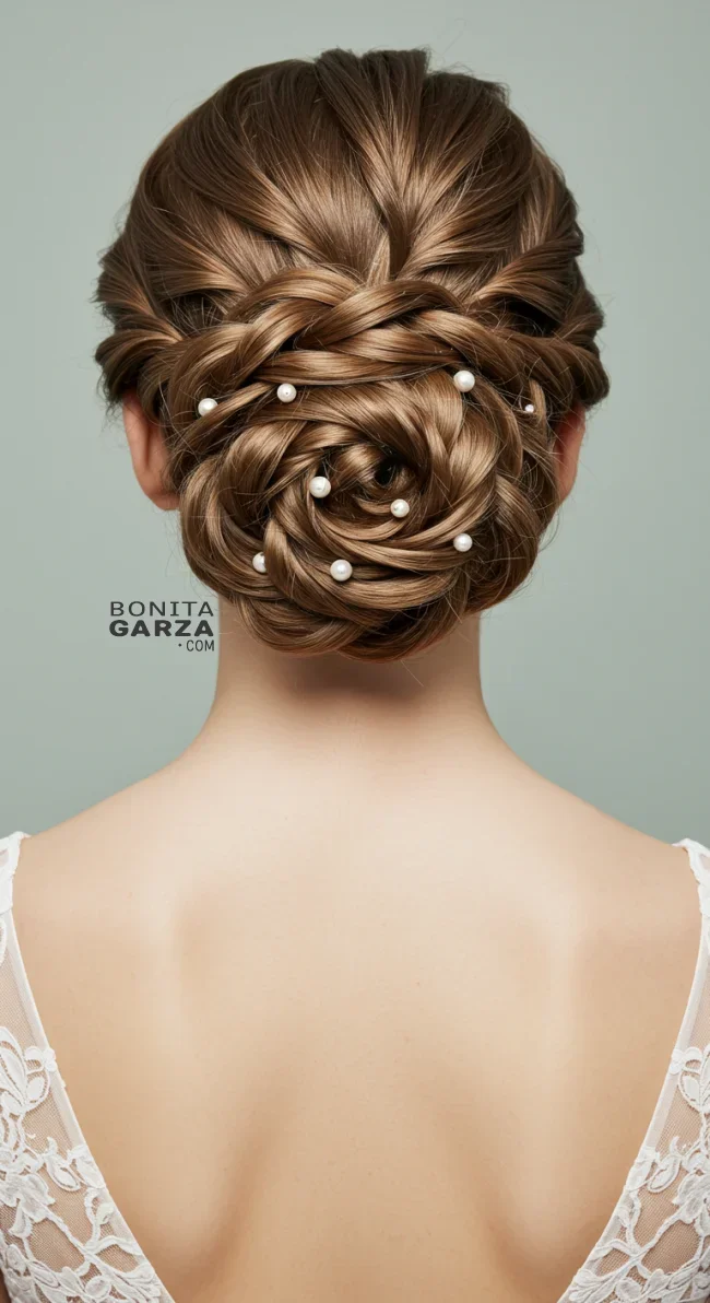 3. Twisted Low Updo with Pearl Clusters | Elegant Wedding Updo Hairstyles Featuring Pearl Hairpins