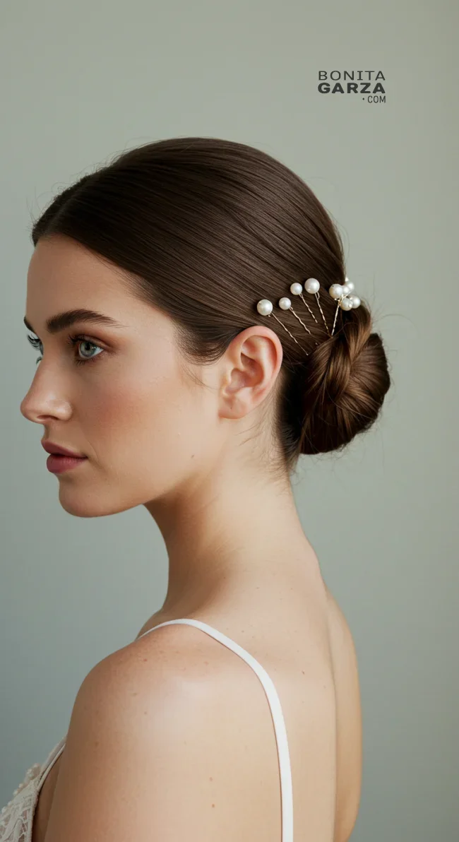 11. Elegant Knot Updo with Pearl Hairpins | Elegant Wedding Updo Hairstyles Featuring Pearl Hairpins