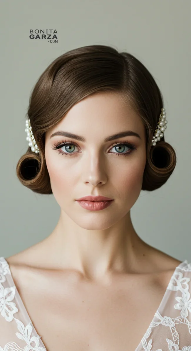 7. Vintage-Inspired Rolled Updo with Pearls | Elegant Wedding Updo Hairstyles Featuring Pearl Hairpins