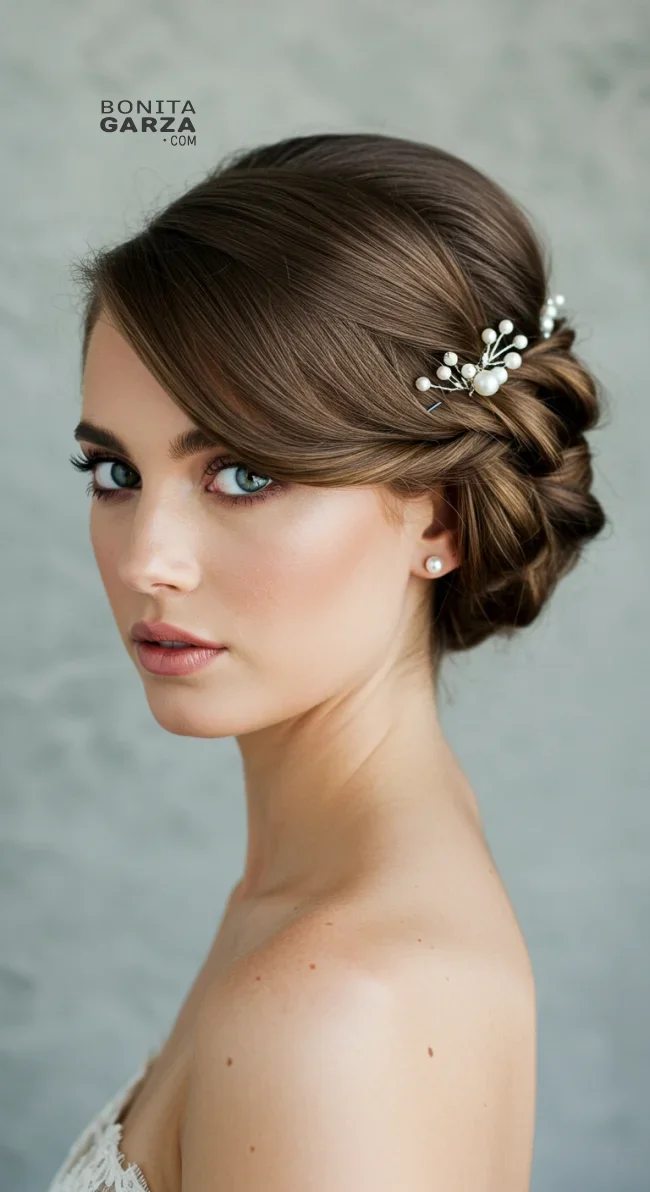10. Side-Swept Updo with Pearl-Embellished Twists | Elegant Wedding Updo Hairstyles Featuring Pearl Hairpins