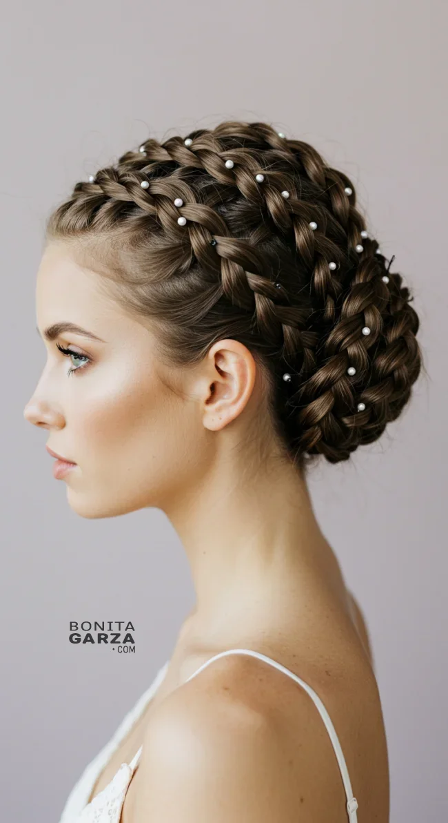 9. Low Braided Bun with Pearls Interwoven | Elegant Wedding Updo Hairstyles Featuring Pearl Hairpins