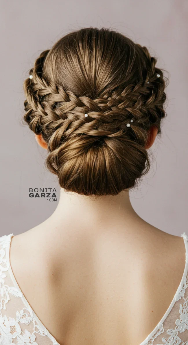 4. Braided Crown Updo with Pearl Pins | Elegant Wedding Updo Hairstyles Featuring Pearl Hairpins