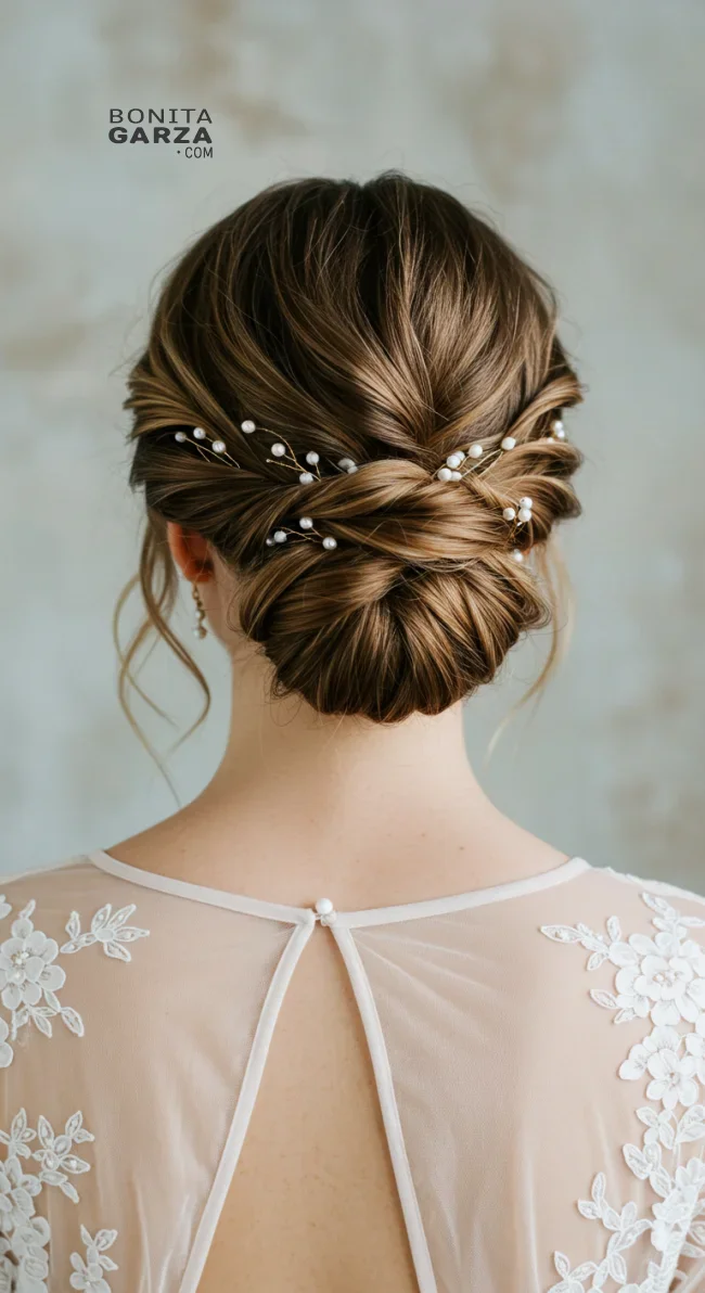 14. Low Twisted Bun with Floating Pearl Pins | Elegant Wedding Updo Hairstyles Featuring Pearl Hairpins