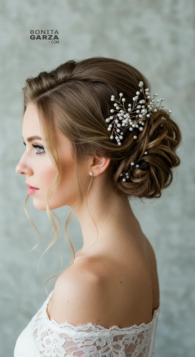 8. Soft Curled Updo with Pearl Sprays | Elegant Wedding Updo Hairstyles Featuring Pearl Hairpins