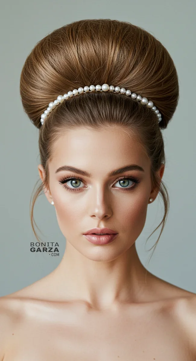 6. Voluminous High Bun with a Pearl Halo | Elegant Wedding Updo Hairstyles Featuring Pearl Hairpins