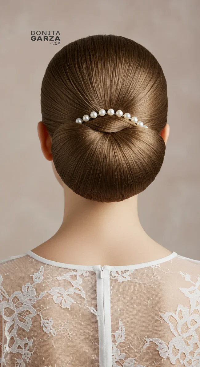 13. Sculpted Bun with Pearl Line Detailing | Elegant Wedding Updo Hairstyles Featuring Pearl Hairpins