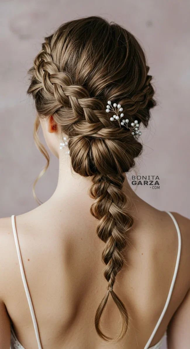 12. Waterfall Braid Updo with Pearls | Elegant Wedding Updo Hairstyles Featuring Pearl Hairpins