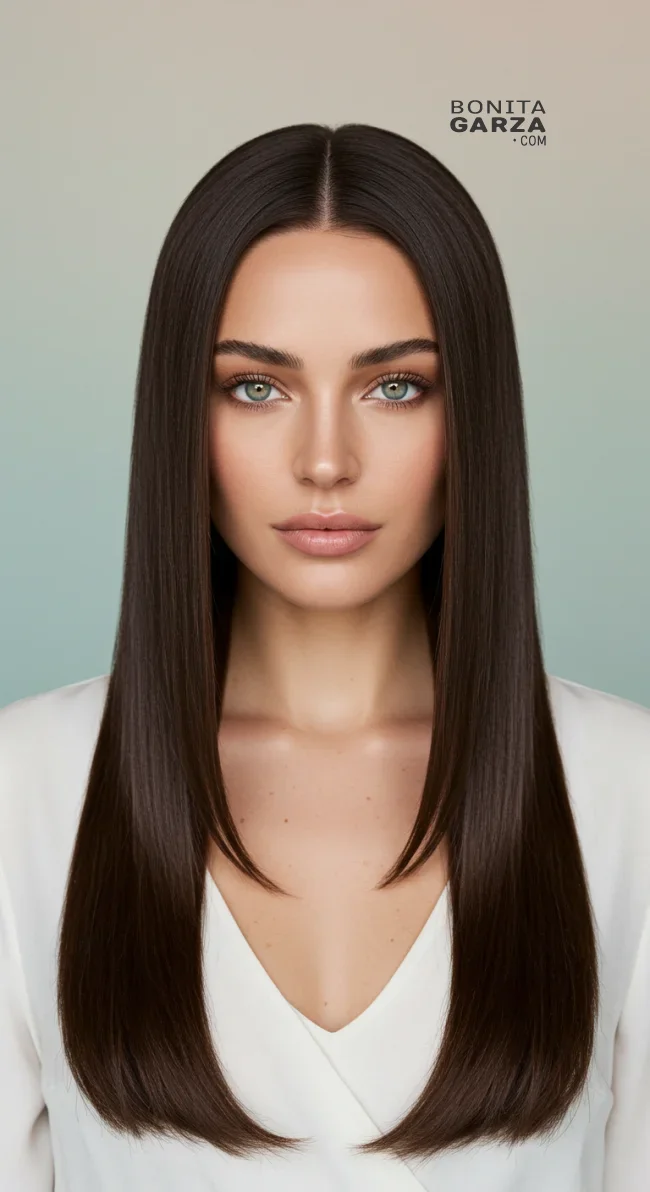 7. Dark Espresso Brown with Sleek Straight Hair | Perfect Hair Colors For Blue Or Green Eyes