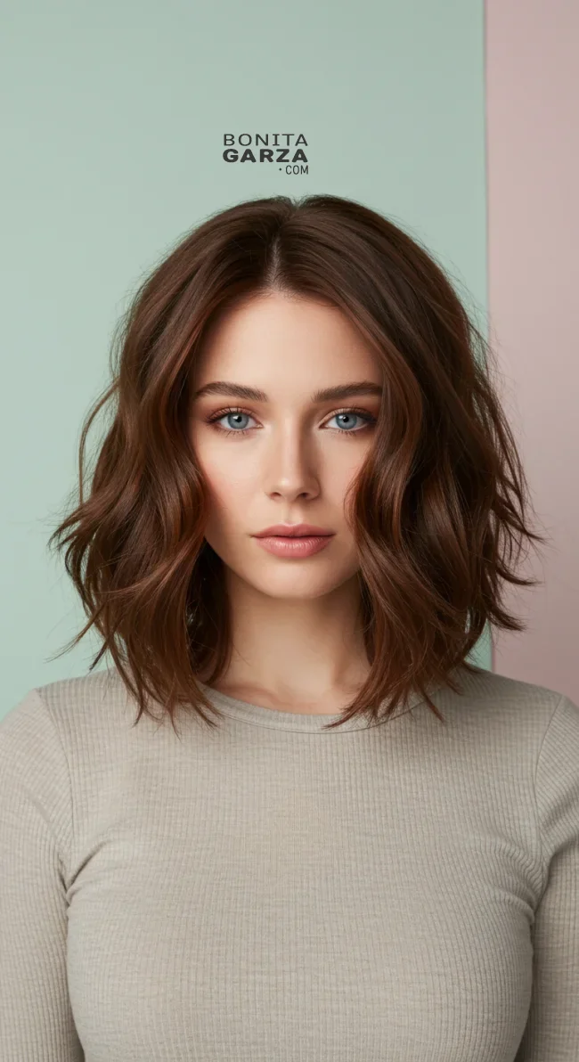 3. Chestnut Brown Lob with Soft Curls | Perfect Hair Colors For Blue Or Green Eyes