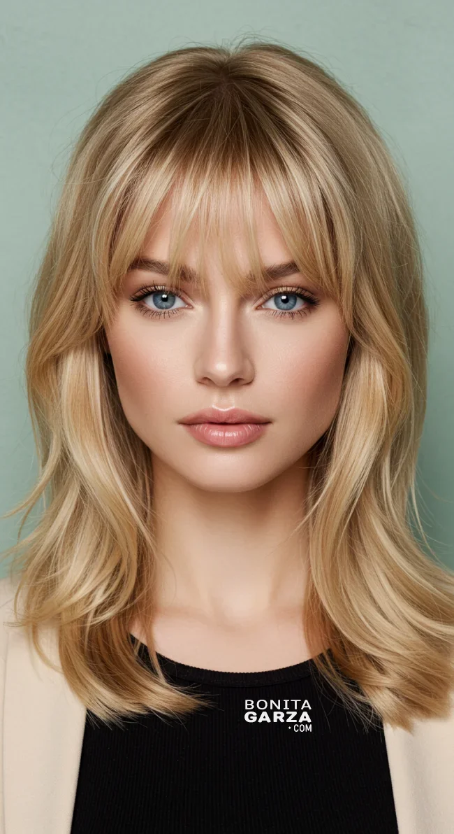 6. Honey Blonde with Curtain Bangs | Perfect Hair Colors For Blue Or Green Eyes