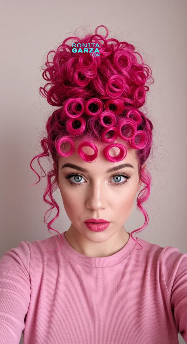 6. Curly Crown Bun | Pretty In Pink: Curly Hairstyles To Rock Your Pink Hair!