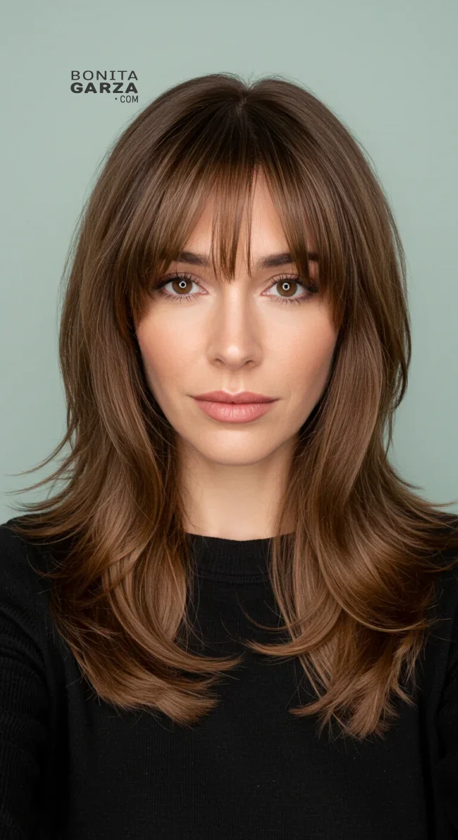 7. Long Curtain Bangs with Layers | Chic Long Hairstyles For Women Over 40