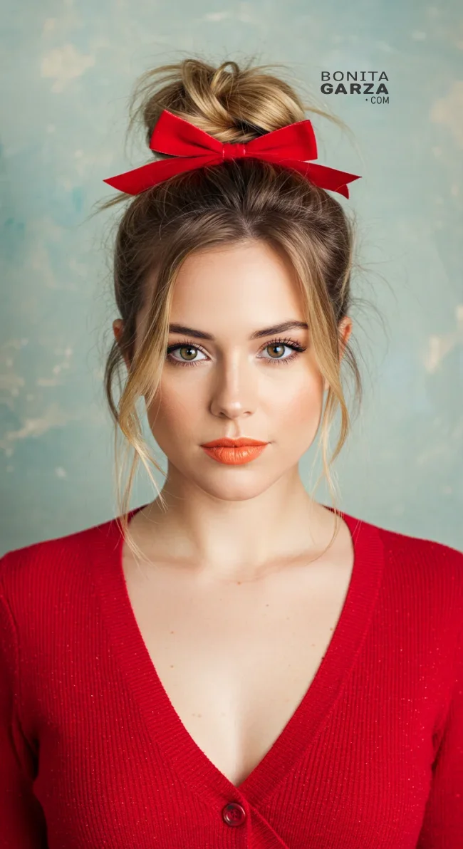 6. Messy Bun with a Bow | 7 Holiday Hairstyles That Are Easy