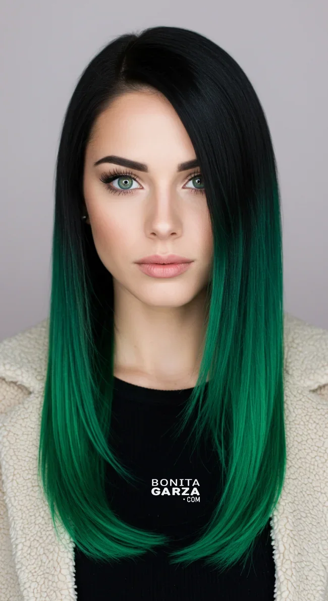 8. Jet Black to Emerald Green Ombre | 15 Majestic Ombre Winter Hair Colors Not To Miss