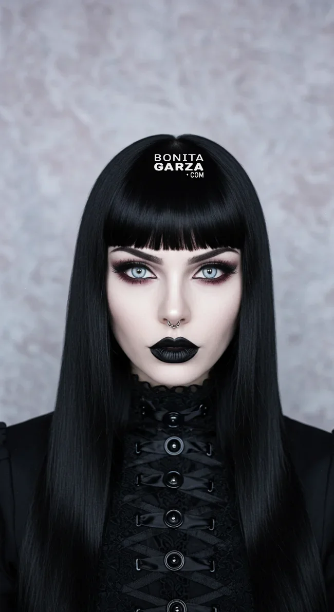 1. Long Black Sleek Hair with Blunt Bangs | 8 Most Popular Goth Hairstyles For Girls